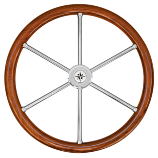 6-spoke steering wheel 'Type 6N' stainless steel with teak edge finger grip and adapter Ø600mm