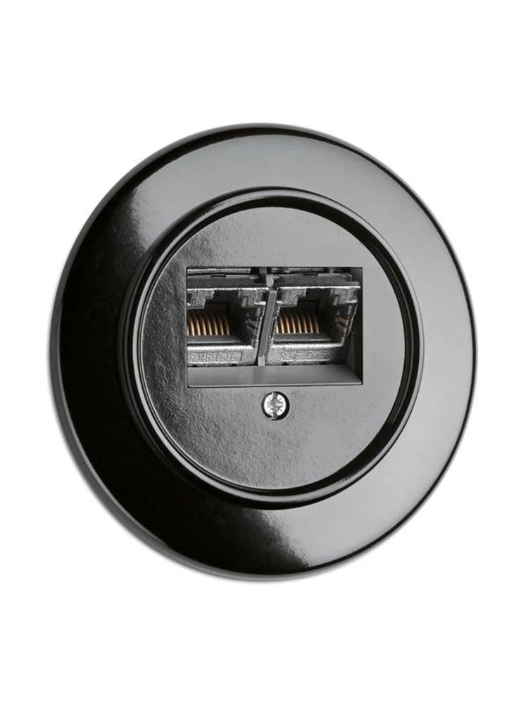 Bakeliet Data Wandcontactdoos 2×RJ45 Inbouw – Zwart – Jaren ’30–’50