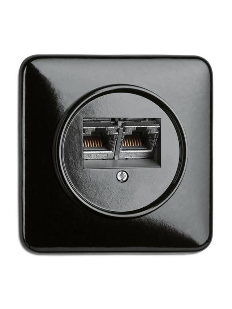 Bakeliet Data Wandcontactdoos 2×RJ45 Inbouw – Zwart – Jaren ’30–’50