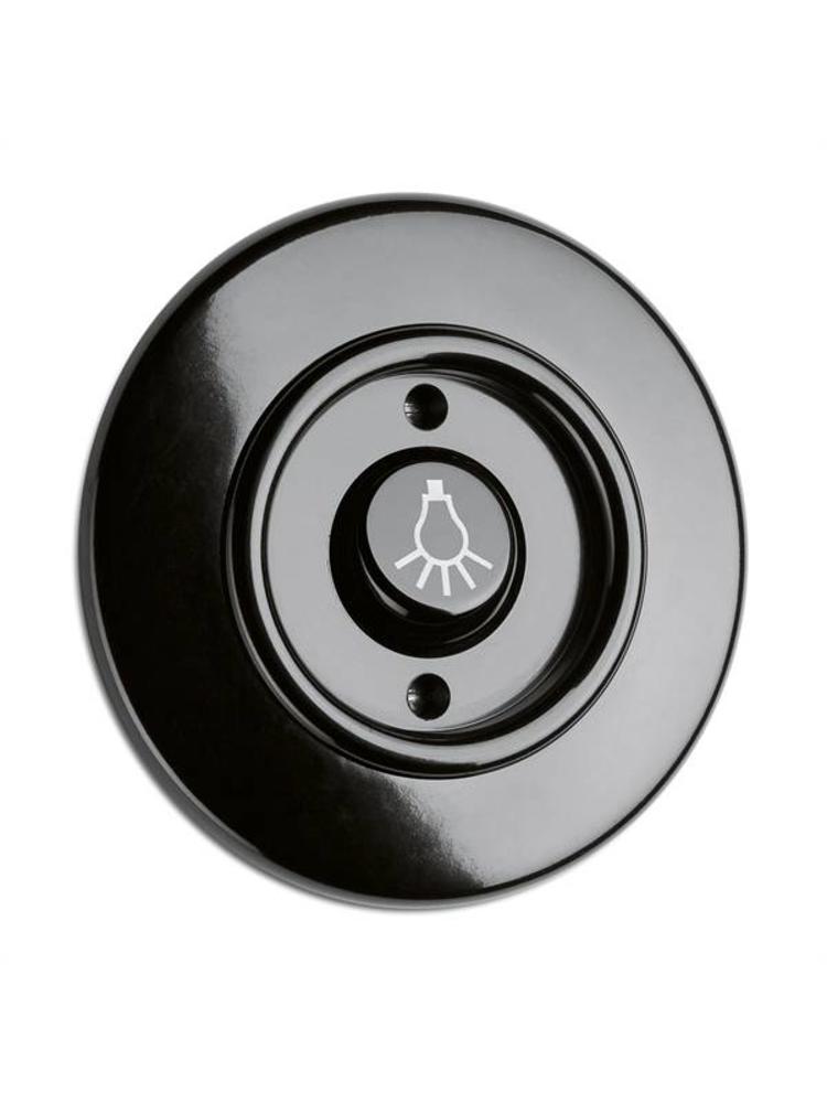 Bakeliet Pulsschakelaar Inbouw met Lampsymbool – Zwart – Jaren ’30–’50