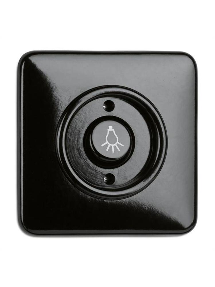 Bakeliet Pulsschakelaar Inbouw met Lampsymbool – Zwart – Jaren ’30–’50