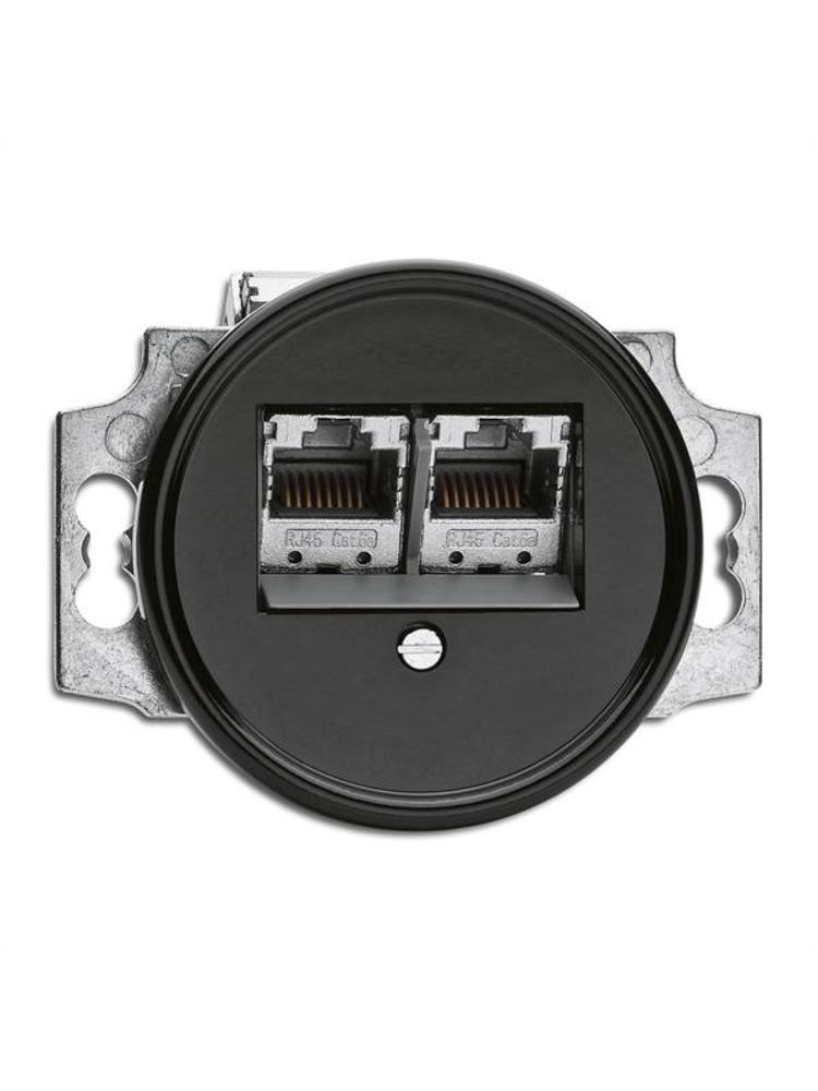 Bakeliet Data Wandcontactdoos 2×RJ45 Inbouw – Zwart – Jaren ’30–’50