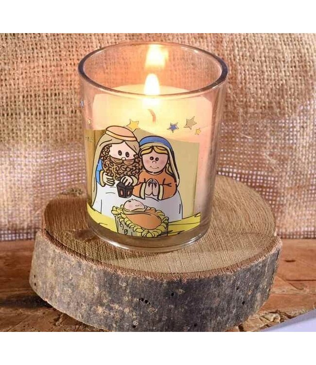 Kerststal met 3 geurkaarsen in glazen pot