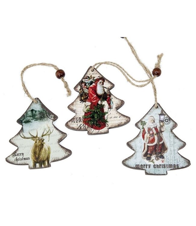 Hanger kerstboom hout met opdruk 3 stuks