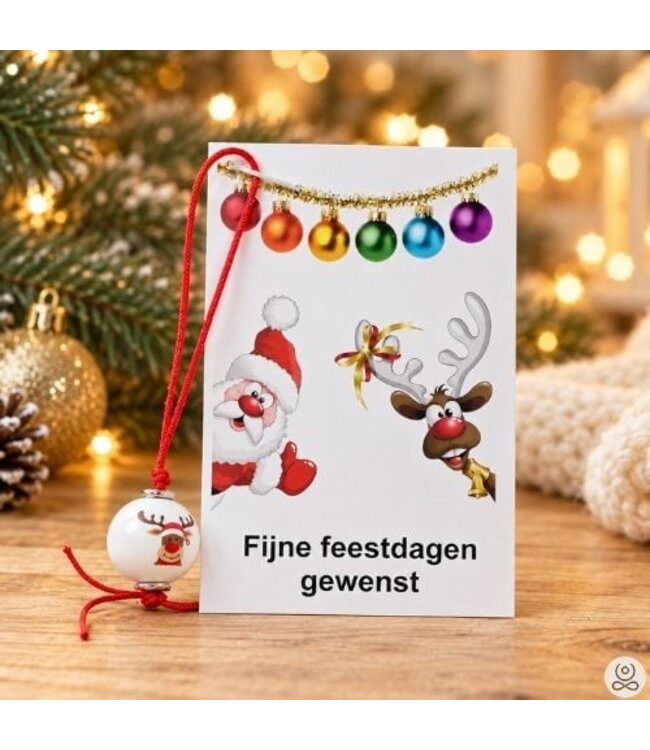 Kerstkaartje met kerstbalhangertje met rendier – klein kerstcadeautje om uit te delen