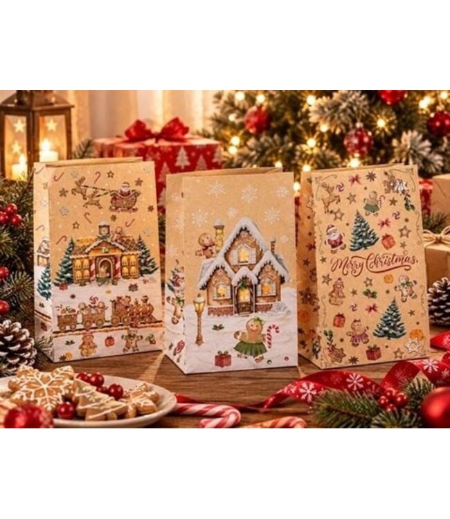 Kerst Cadeauzakje Peperkoek – Kraftpapier 28 cm Assorti.