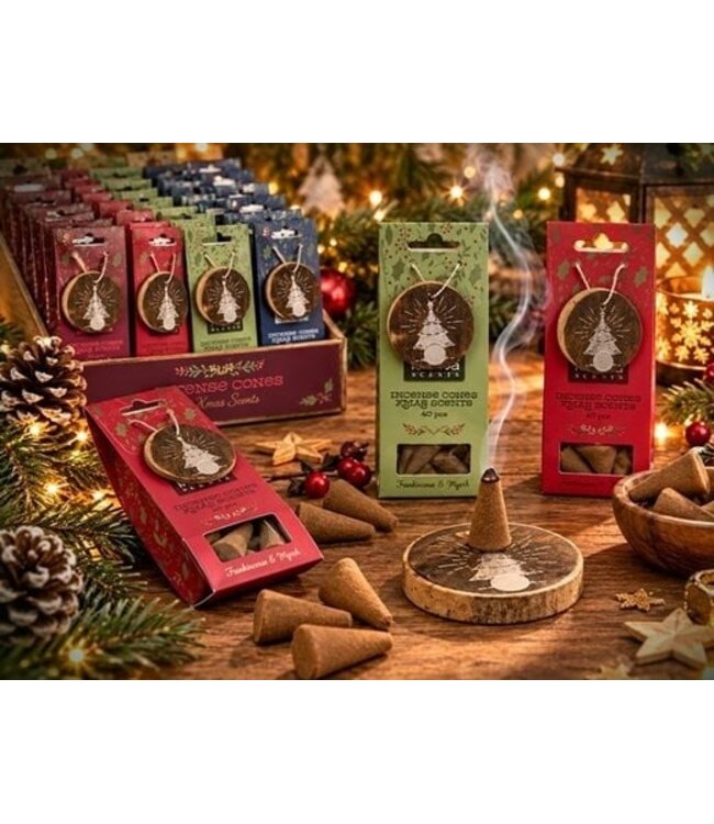 Kerst Wierookkegels met Houten Houder – 4 Geuren Assorti.