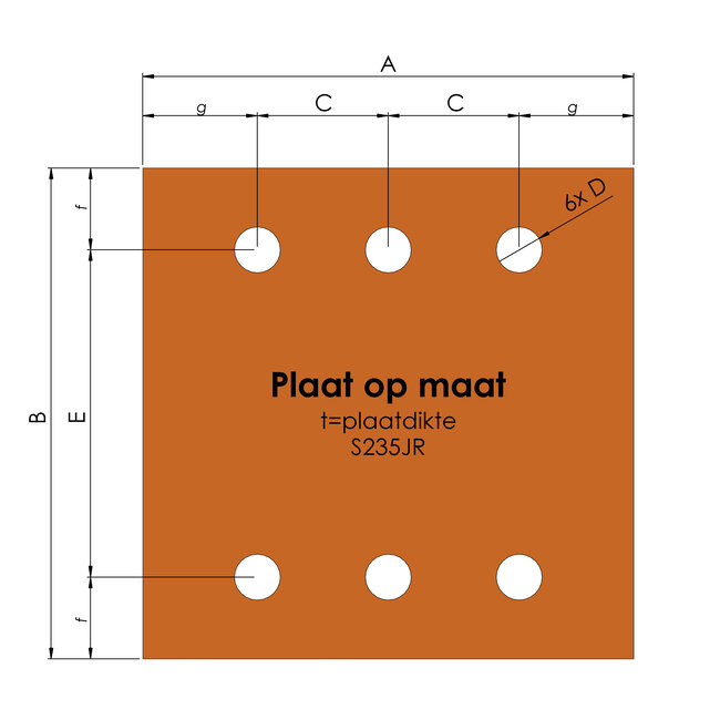 Plaat op maat | 6 gats | symmetrisch