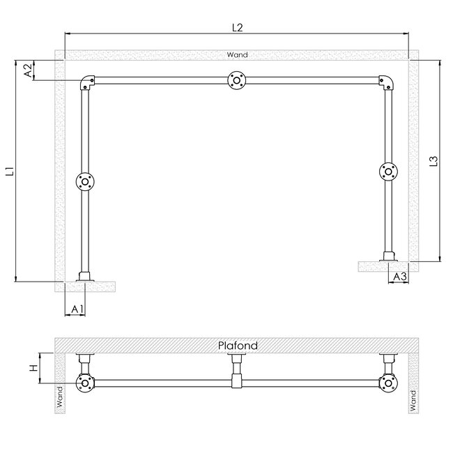 Gordijnroede Utrecht | U-vorm | Steigerbuis staal