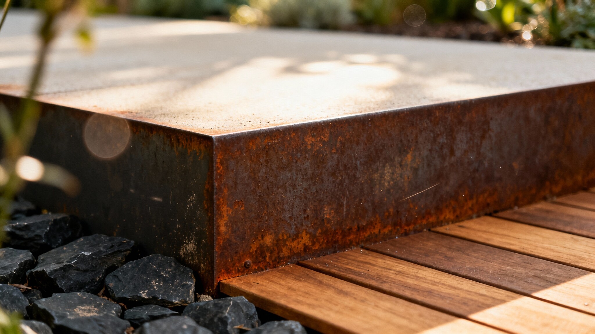 Staal, hout en steen combineren in moderne tuinen