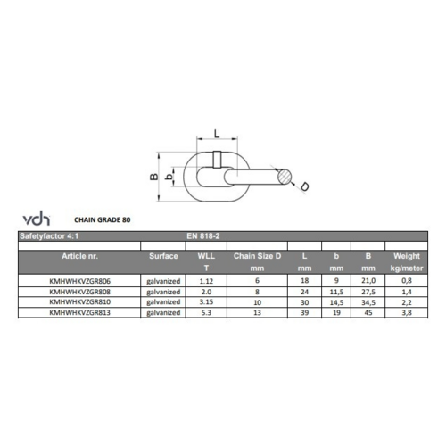 VDH VDH Hijsketting verzinkt - Grade 80  - Ø 13 mm - 1 meter - 5,3 ton