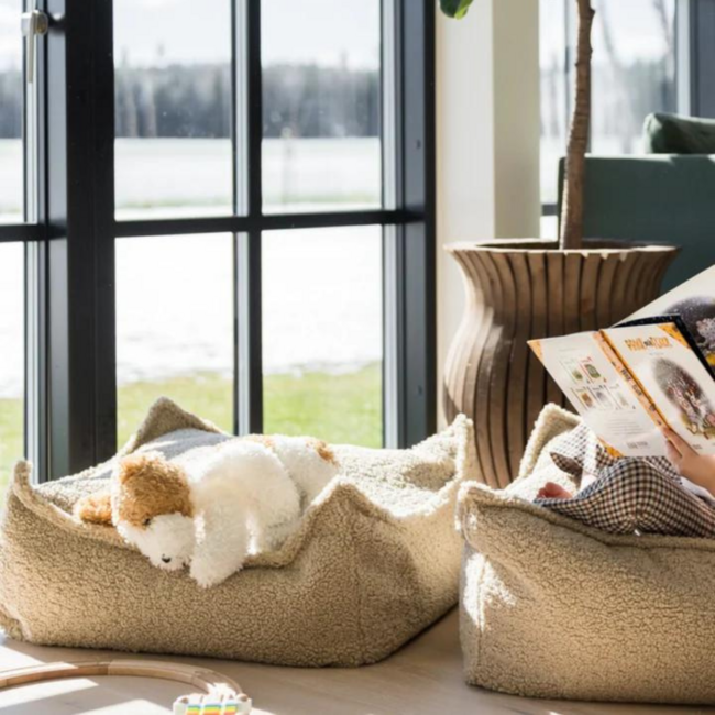 Square beanbag Ottoman in soft teddy fabric – colour Biscuit