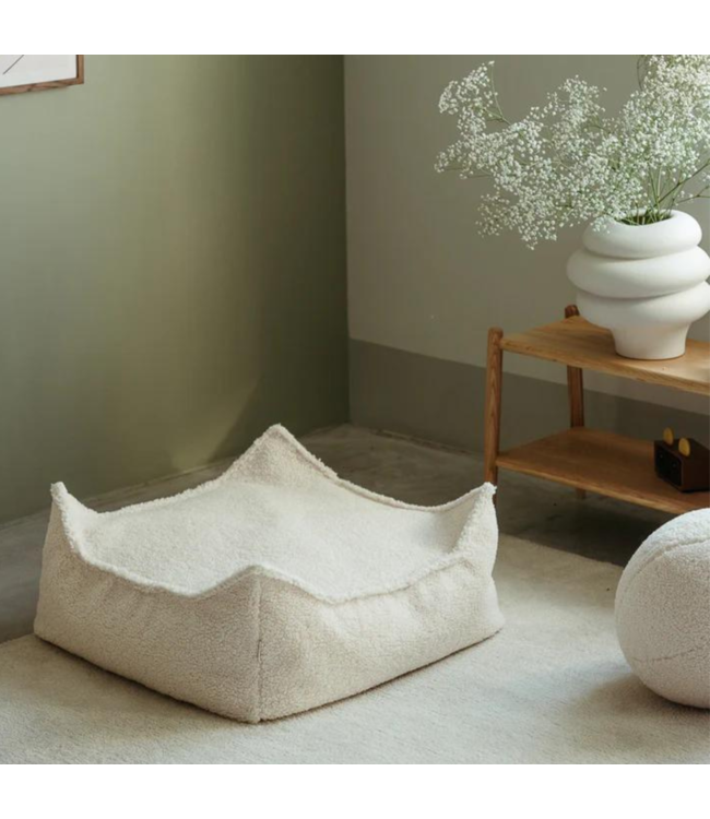 Vierkante zitzak Ottoman van zachte teddy stof – kleur Cream white