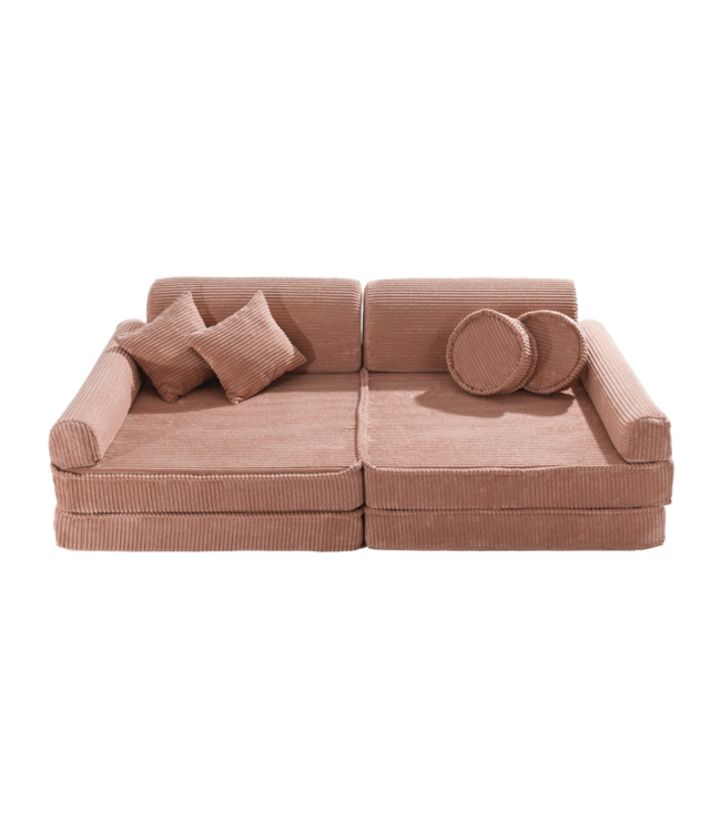 Modulaire roze corduroy kinderbank met zachte kussens en flexibel ontwerp