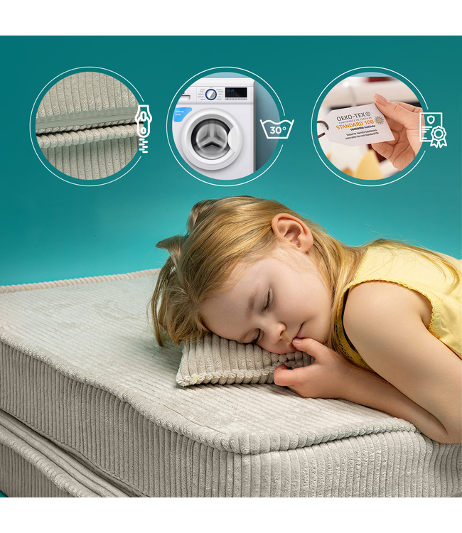 Modulaire bruine corduroy kinderbank met zachte kussens en flexibel ontwerp voor kinderen