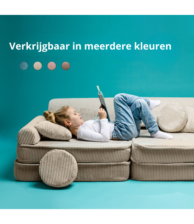 Modulaire bruine corduroy kinderbank met zachte kussens en flexibel ontwerp voor kinderen