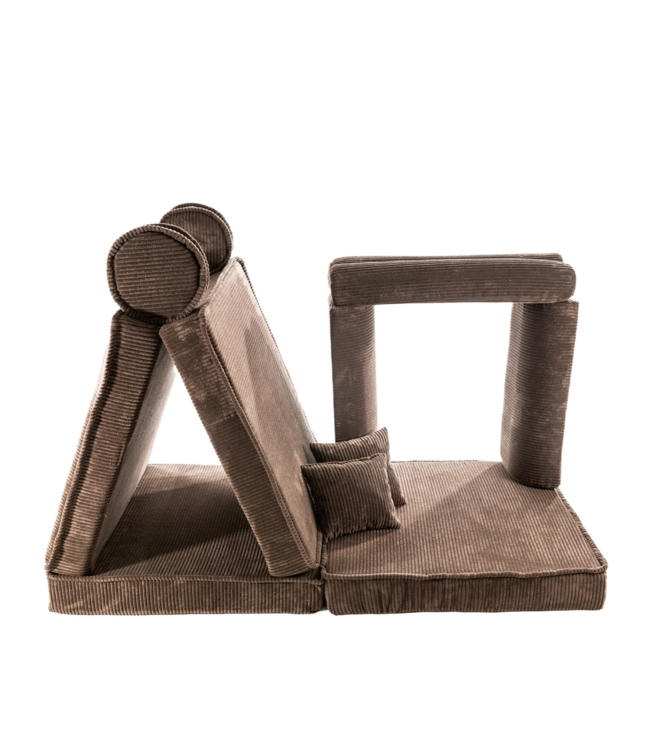 Modulaire bruine corduroy kinderbank met zachte kussens en flexibel ontwerp voor kinderen