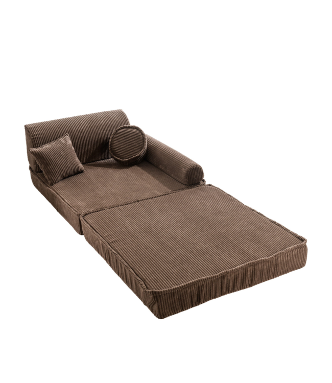 Modulaire bruine corduroy kinderbank met zachte kussens en flexibel ontwerp voor kinderen