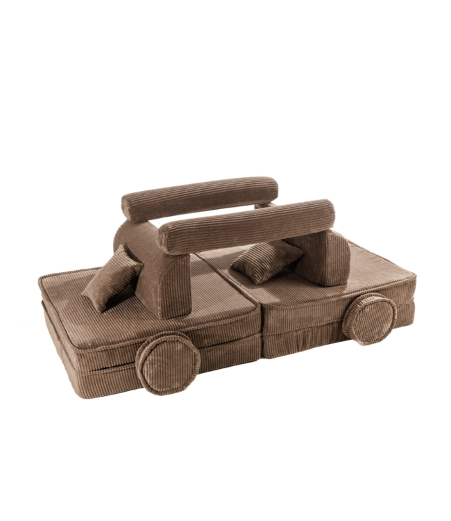 Modulaire bruine corduroy kinderbank met zachte kussens en flexibel ontwerp voor kinderen