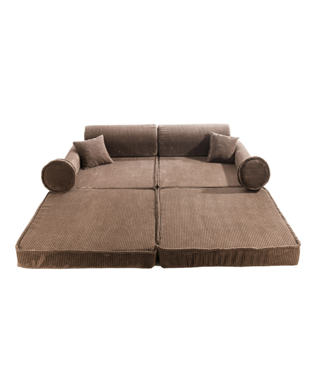 Modulaire bruine corduroy kinderbank met zachte kussens en flexibel ontwerp voor kinderen
