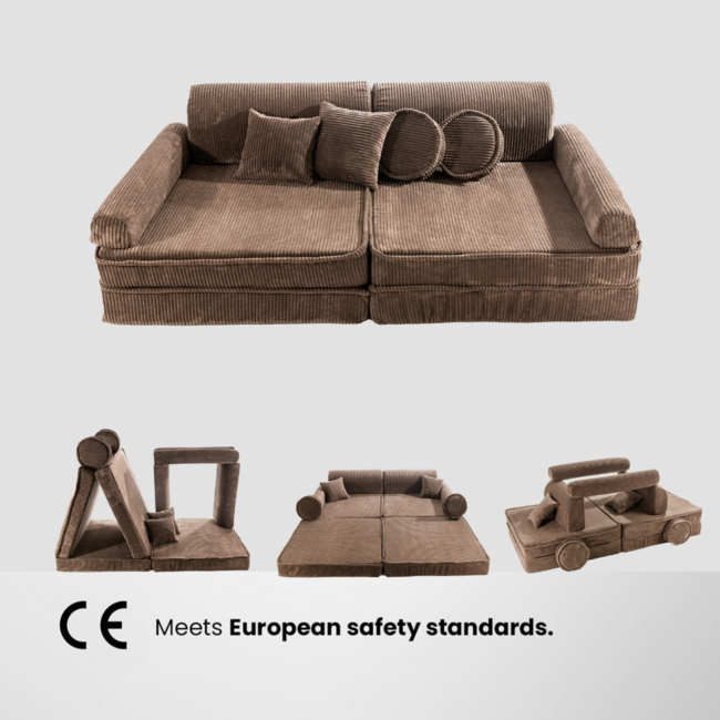 Brown modular kids bench in soft corduroy fabric