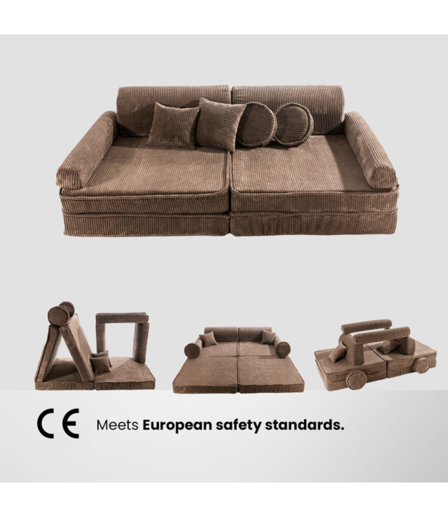Modulaire bruine corduroy kinderbank met zachte kussens en flexibel ontwerp voor kinderen
