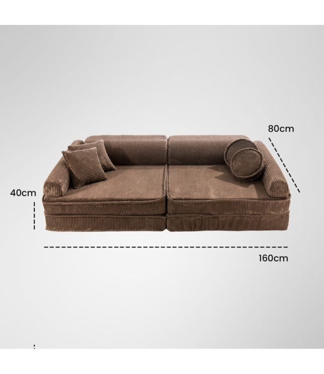 Modulaire bruine corduroy kinderbank met zachte kussens en flexibel ontwerp voor kinderen