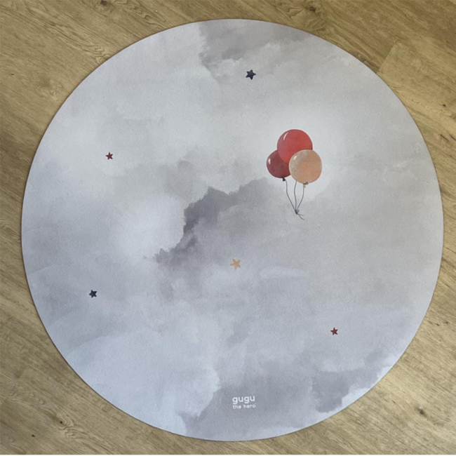 Round play mat with hot air balloon design in soft colors, durable and comfortable