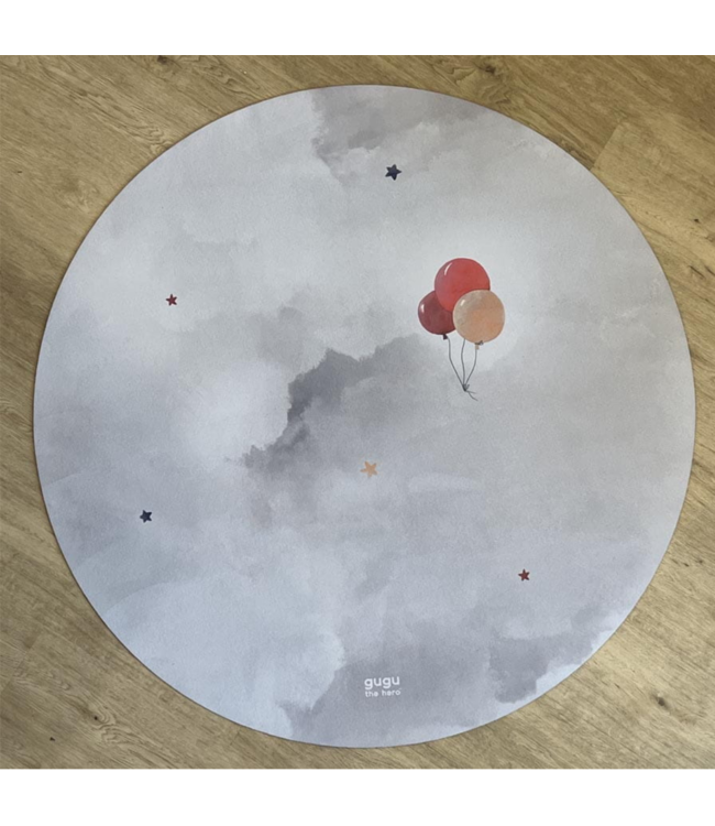 Rond speelkleed met luchtballonprint in zachte kleuren, duurzaam en comfortabel