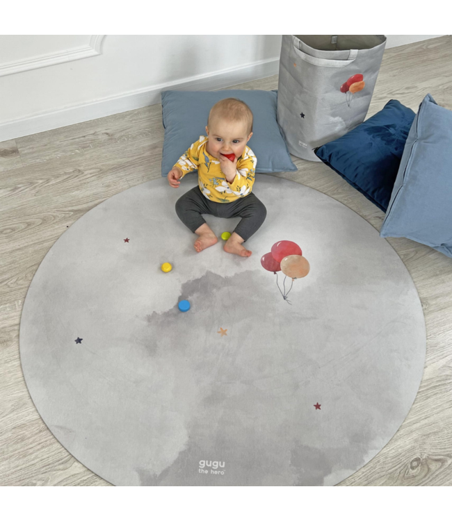 Rond speelkleed met luchtballonprint in zachte kleuren, duurzaam en comfortabel