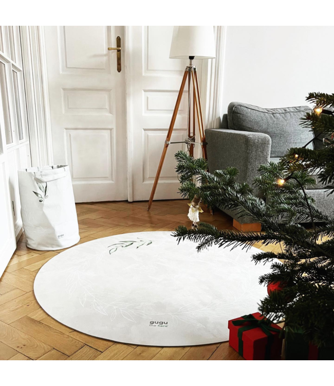 Rond speelkleed in beige met subtiele olijftakjes, duurzaam en comfortabel