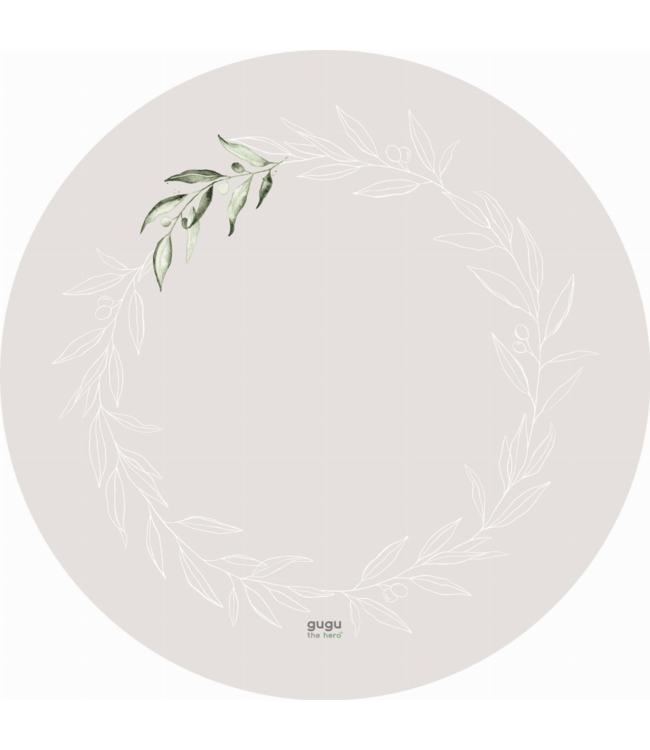 Rond speelkleed in beige met subtiele olijftakjes, duurzaam en comfortabel