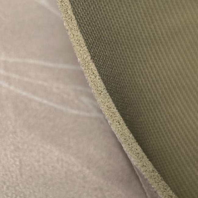 Round play mat in beige with subtle olive leaves, durable and comfortable
