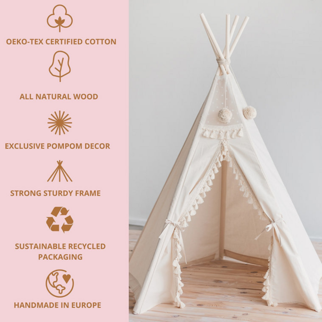 Boho-Tipi-Zelt mit Quasten in Ecru – gemütliches Spielzelt für Kinder