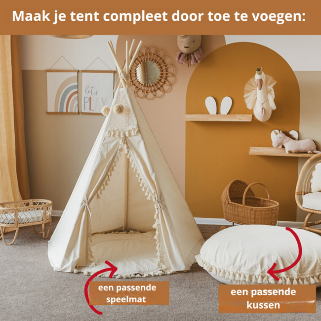 Boho tipi tent met kwastjes in ecru – gezellige speeltent voor kinderen
