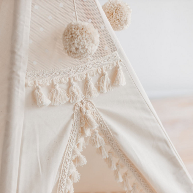Boho teepee tent with tassels in ecru – cozy play tent for kids