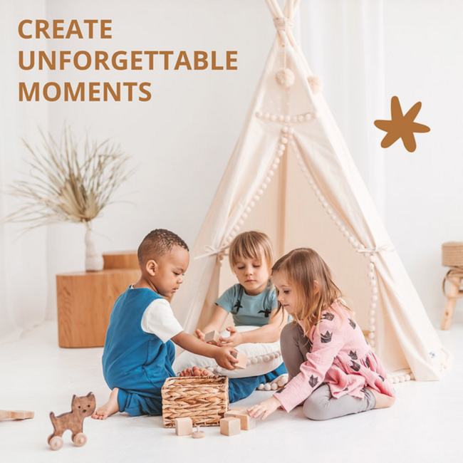 Boho tipi tent met pompoms in ecru – knusse speeltent voor kinderen
