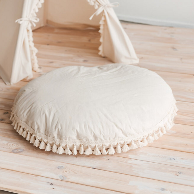 Coussin de sol oversized avec franges | Ecru | 100 cm