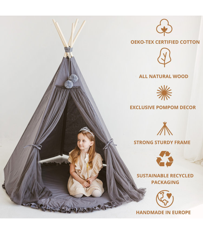 Grijze boho tipi tent van katoen en hout, ideaal voor creatief speelplezier