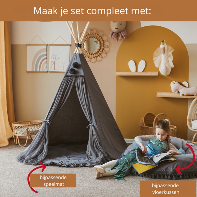 Grijze boho tipi tent van katoen en hout, ideaal voor creatief speelplezier