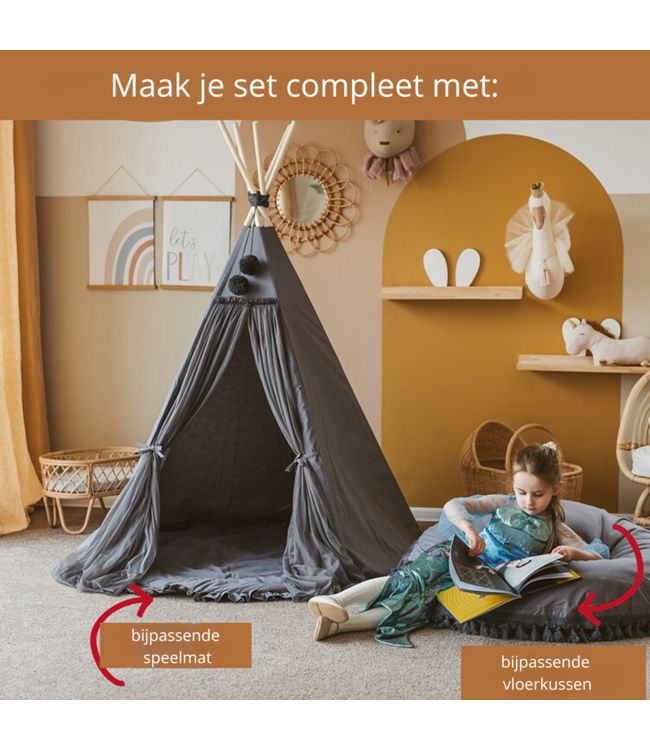 Grijze boho tipi tent van katoen en hout, ideaal voor creatief speelplezier