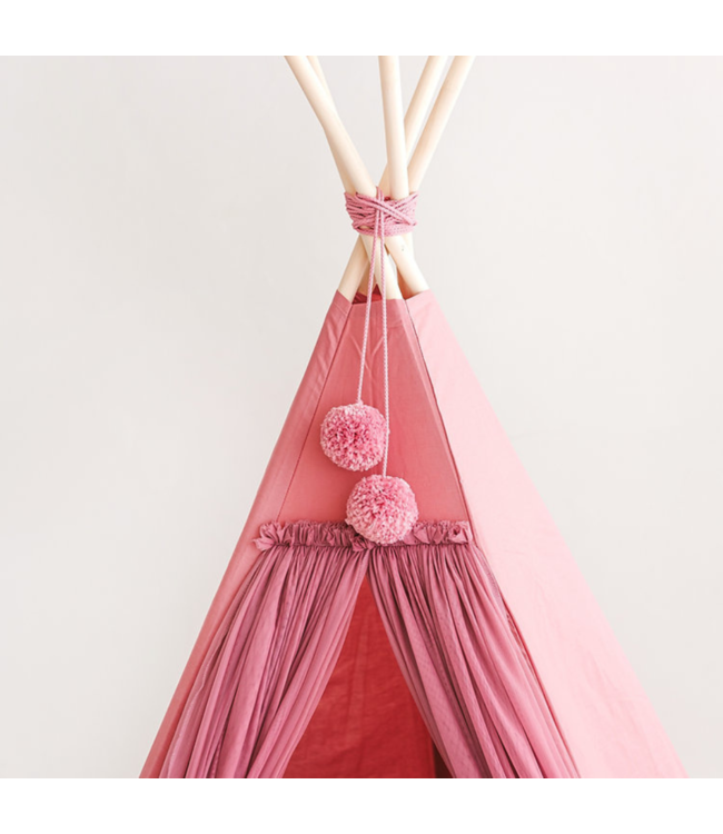 Roze boho tipi tent van katoen en hout voor creatief speelplezier