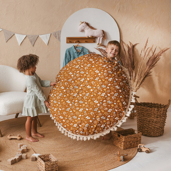 Coussin de sol doux avec franges motif fleuri – élégant et confortable pour s’asseoir