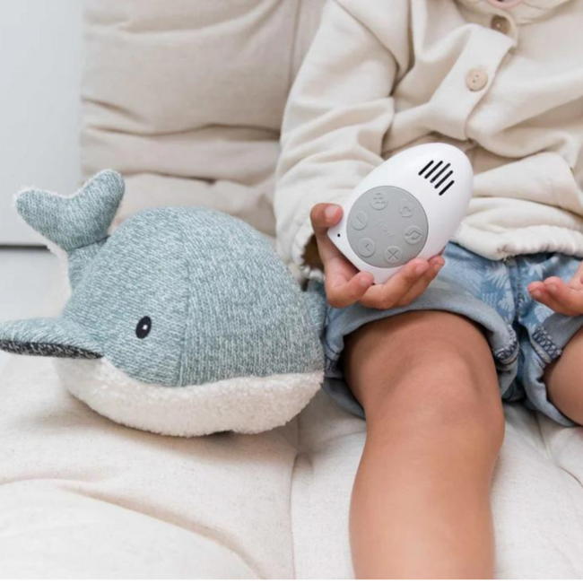Green cuddle whale Moby with heartbeat function for babies