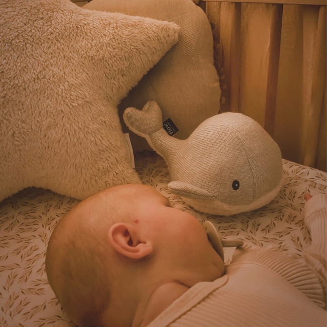 Grijze knuffel met hartslag walvis Moby voor baby’s