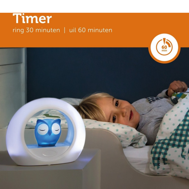 Nachtlampje uil Lou blauw met dimbare lampjes en automatische geluidssensor