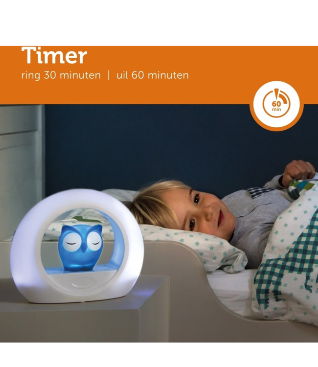 Nachtlampje uil Lou blauw met dimbare lampjes en automatische geluidssensor