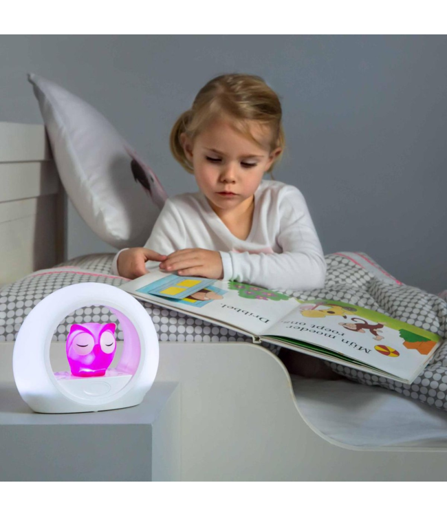 Nachtlamp uil Lou roze met dimbare lampjes en automatische geluidssensor