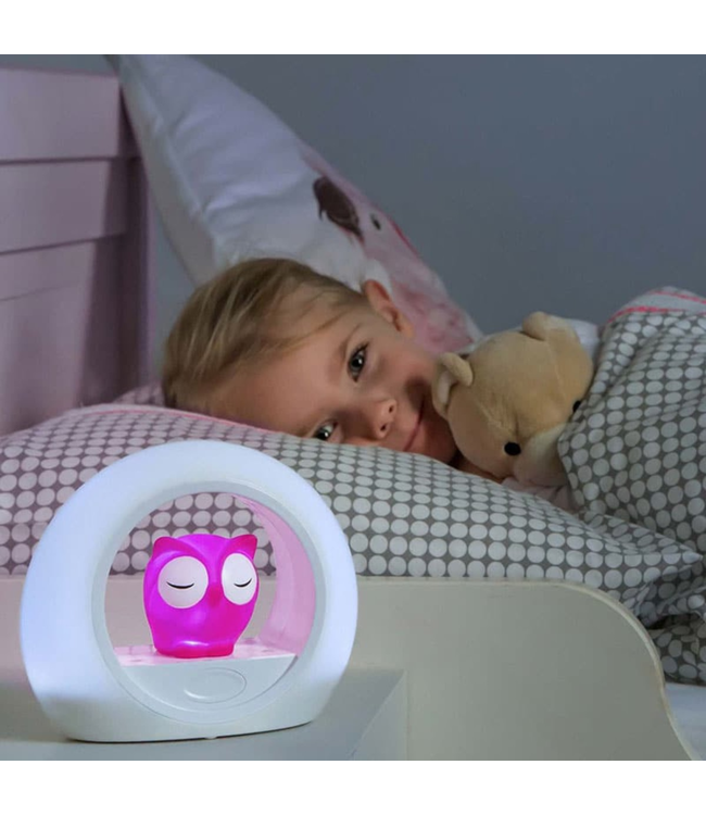 Nachtlamp uil Lou roze met dimbare lampjes en automatische geluidssensor