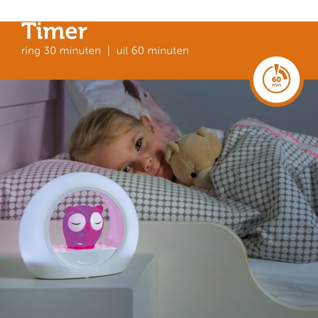 Nachtlamp uil Lou roze met dimbare lampjes en automatische geluidssensor